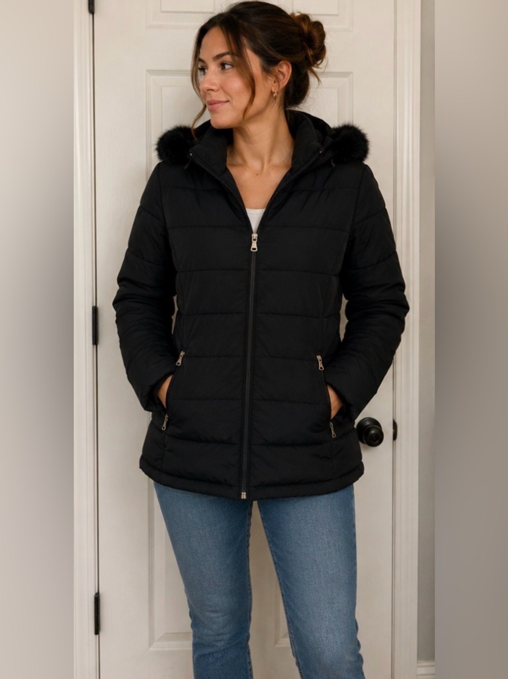 Calvin Klein Black Puffer Jacket Detachable Faux Fur Hood Women’s XXL